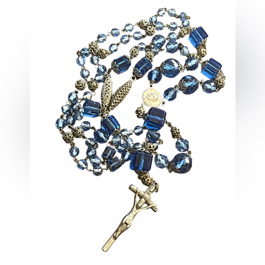 Antique Italian Catholic Rosary Silver Finish Delicate Filagree & Blue Glass